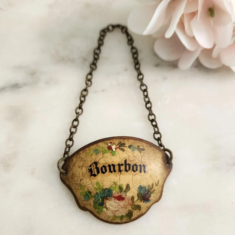 Early 20th Century French Hand Painted Decanter Bourbon Liquor Label Floral Pink